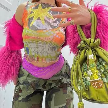 Сексуальный сетчатый перспективный летний новый модный топ без рукавов с абстрактным принтом и круглым вырезом S синий