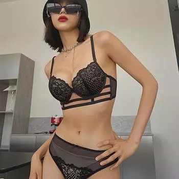 Сексуальный сетчатый полый бюстгальтер и трусики, комплект женского кружевного нижнего белья с вышивкой, бюстгальтер пуш-ап, черный дышащий комплект нижнего белья, нижнее белье больших размеров 70B чёрный