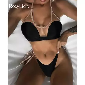 Сексуальный сетчатый прозрачный бикини с высокой посадкой на шее, женский купальник, женский купальник, комплект бикини из двух частей, купальный костюм, купальный костюм S чёрный