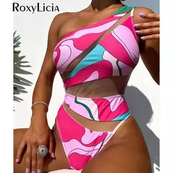 Сексуальный сетчатый прозрачный цельный купальник на одно плечо с принтом, женский купальник, женский монокини, купальный костюм, купальный костюм S розовый