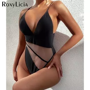 Сексуальный сетчатый прозрачный женский купальник с v-образным вырезом и высоким вырезом, цельный купальник, женский монокини с мягкой подкладкой, купальный костюм для плавания S чёрный