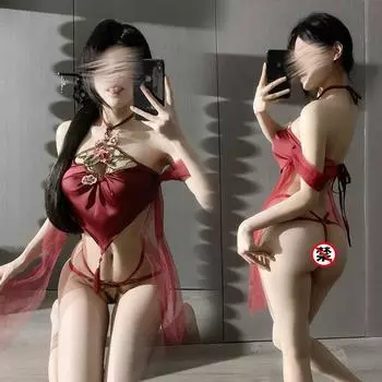 Сексуальный сексуальный античный пион вышивка шея живот карман ремешок бандаж полый униформа комплект average size