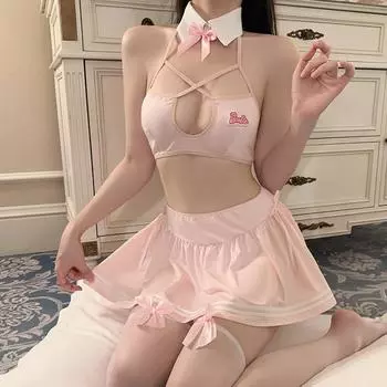 Сексуальный сексуальный полый лацкан бант ремень соблазнение косплей женский униформа костюм M