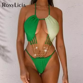 Сексуальный сращивающийся халтер металлические цепи женские купальники цельный купальник женский монокини с высоким вырезом ноги купальный костюм плавание S зелёный