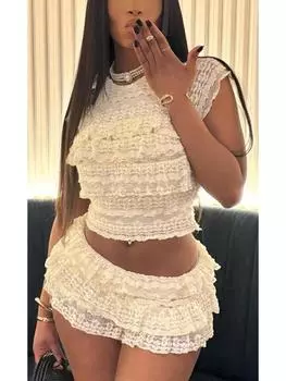 Сексуальный странный пушистый комплект из 2 предметов, женский летний элегантный топ без рукавов + мини-юбки для вечеринок, модные однотонные уличные костюмы в стиле пэчворк S абрикосовый