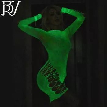 Сексуальный светящийся флуоресцентный ультратонкий комбинезон-чулки - Черный Open Crotch