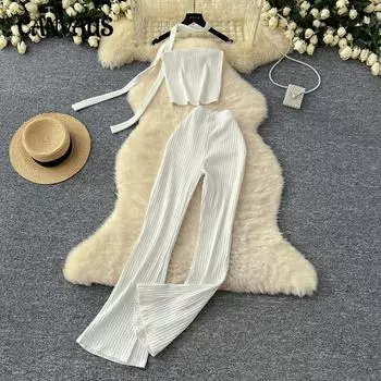 Сексуальный свисающий воротник развевающийся пояс без рукавов бюстье майка женская с высокой талией тонкий пакет бедра досуг микро брюки костюм One Size чёрный