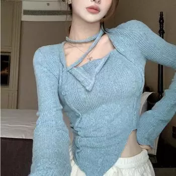 Сексуальный свитер на шнуровке с квадратным воротником, женский тонкий пуловер с длинными рукавами нестандартной формы Y2k, эстетический топ, осенние однотонные джемперы S небесно-голубой