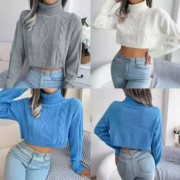Сексуальный свитер с поворотным воротником, трикотаж, женский зимний новый свободный пуловер с длинными рукавами, теплый короткий свитер, повседневные топы S серый