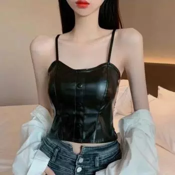 Сексуальный топ из искусственной кожи, женский черный жилет без рукавов, бюстгальтер с подкладкой на груди, нижнее белье, корейская модная уличная одежда, женская одежда one size белый