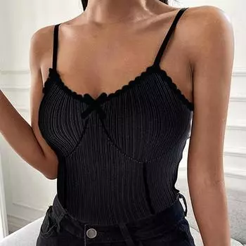 Сексуальный топ на бретельках, черный укороченный топ с лямкой на шее, женские летние майки с открытой спиной, модный топ с бантом, женский укороченный жилет без рукавов One Size чёрный