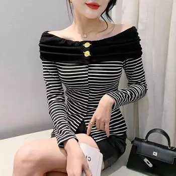 Сексуальный топ на одно плечо для женской зимней одежды, новая полосатая футболка с длинными рукавами, стильная тонкая базовая рубашка M