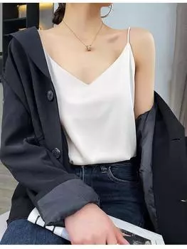 Сексуальный топ-топ из атласного шелка с бретельками через шею, укороченный топ для женщин, летний топ с открытой спиной, повседневный женский укороченный жилет без рукавов S чёрный