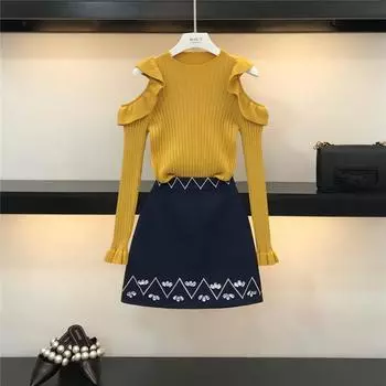 Сексуальный трикотажный пуловер с открытыми плечами, комплект из двух предметов для женщин, свитер с расклешенными рукавами и оборками, а также мини-юбка с бисером и кристаллами, женский костюм L оранжевый