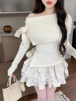 Сексуальный вязаный комплект из двух предметов с открытыми плечами, женский комплект с бантом и разрезом на шее, кавайные тонкие юбки, костюмы, женская корейская мода, однотонная шикарная милая одежда 2024 S белый