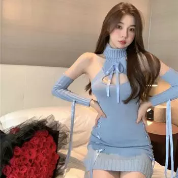 Сексуальный вязаный свитер, платье с лямкой на шее, облегающее бандажное платье Y2k с открытыми плечами, вечерние короткие платья на день рождения с рукавами One Size коричневый