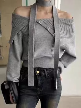 Сексуальный вязаный свитер с открытыми плечами для женщин с французскими лацканами, элегантный теплый свитер, топы, осень-зима, модный свободный пуловер в стиле пэчворк, новый S серый