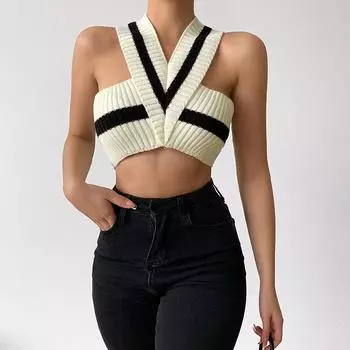 Сексуальный вязаный жилет-комбинация с подвеской на шее, женский весенний весенний стиль, полосатые универсальные топы с v-образным вырезом и контрастным цветом в полоску M серый
