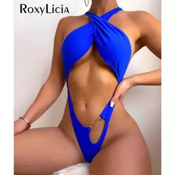 Сексуальный вырез на животе, экстремальный мини-микро-стринги с перекрестной спиной, женский купальник, цельный купальник, женский купальный костюм, плавание S синий