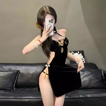 Сексуальный вышитый цветком сливы высокий разрез ципао сексуальный обнаженная спина большой размер классический бархат быстро постукивая женщина One size