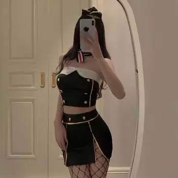 Сексуальный забавный черный раздельный наряд стюардессы, атмосфера, топ-труба, открытая спина, костюм для соблазнения One size fits all [recommended 80-60kg]