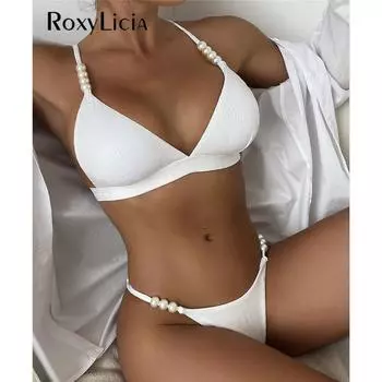 Сексуальный жемчуг с высокой посадкой и мягкими чашечками, женский купальник, женский купальник, комплект бикини из двух частей, купальный костюм, купальный костюм для леди S белый