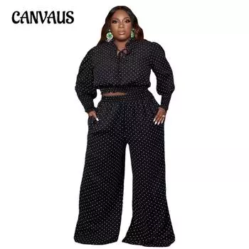 Сексуальный женский брючный костюм больших размеров в горошек с широкими брюками на шнуровке, комплект из двух предметов XL белый