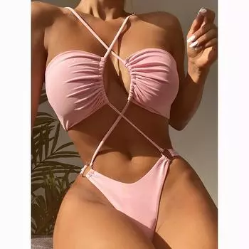 Сексуальный женский цельный купальник-бандо, женский купальник, сексуальные монокини-стринги, бразильский купальный костюм, пляжная одежда, купальные костюмы S розовый