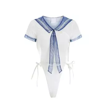 Сексуальный женский цельный прозрачный боди с короткими рукавами, темно-синий воротник, колготки на шнуровке, сексуальный пижамный комплект для взрослых, костюм для ролевых игр XXS