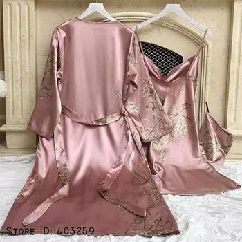 Сексуальный женский длинный халат, ночная рубашка, комплект летней пижамы, ночная рубашка на бретельках, нижнее белье, свободное атласное белье с принтом вишни, домашняя одежда S