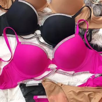 Сексуальный женский комплект нижнего белья, бюстгальтер с крестообразным вырезом, модный бюстгальтер со стразами, однотонный бюстгальтер с глубоким V-образным вырезом, комплект из 2 предметов 75B чёрный