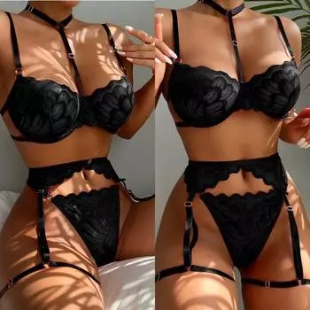 Сексуальный женский комплект нижнего белья для ночного белья с черным кружевным платьем и поясом с подвязками M