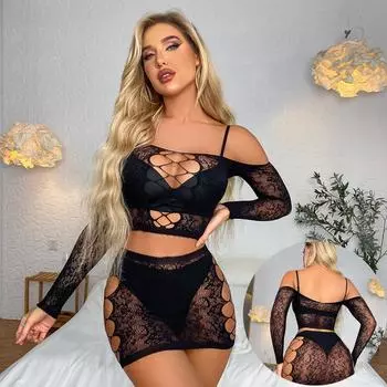 Сексуальный женский комплект нижнего белья в сеточку с цветочным принтом, сексуальные кружевные чулки, комплект нижнего белья с сеткой, сексуальное нижнее белье, платье, ночное белье для романтического свидания S