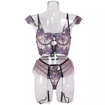 Сексуальный женский комплект нижнего белья с вышитым бюстгальтером и цепочкой для чулок, женская одежда S