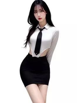 Сексуальный женский косплей офисной леди, леотард, мини-галстук, открытый, причудливый, свободный для мероприятия [SENMHS] Учитель, Секретарь, Костюм и Юбка, Включены, Вырез горловины, Соблазнительный,
