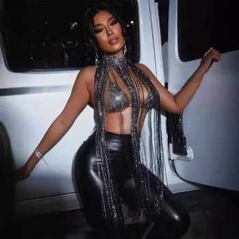 Сексуальный женский костюм с бриллиантовой кисточкой на шее, состоящий из двух частей, комплект сексуальной одежды one size fits all