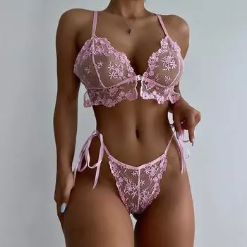 Сексуальный женский кружевной бюстгальтер с вышивкой и стринги, комплект нижнего белья, трусы, бандажное нижнее белье с бантом, S-2XL S