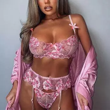 Сексуальный женский кружевной бюстгальтер с вышивкой из 3 предметов и стринги с подвязками, комплект нижнего белья, трусы с бантом, нижнее белье S-2XL S
