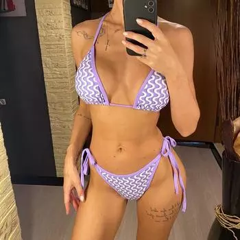 Сексуальный женский купальник-бикини с принтом «волна» на бретельках, женский купальник, комплект из двух частей, купальный костюм с подкладкой, женский купальник S фиолетовый