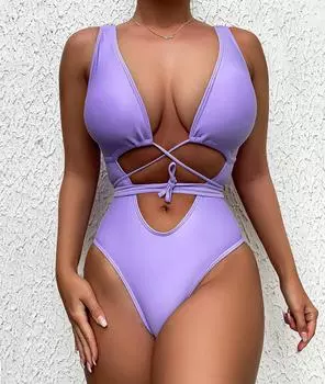 Сексуальный женский купальник, модный однотонный купальник с вырезом и завязками, цельное бикини, пляжная одежда, 6 цветов S фиолетовый