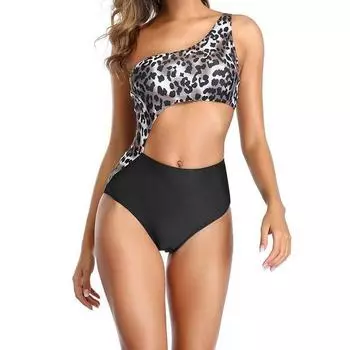 Сексуальный женский купальник на одно плечо с леопардовым принтом, купальник-бикини в стиле пэчворк с вырезом S