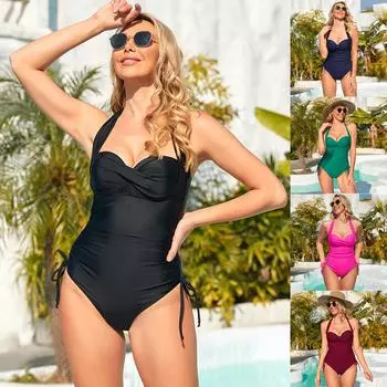 Сексуальный женский купальник, однотонный цельный купальник с лямкой на шее и шнурком, спа-бикини, пляжная одежда, купальные костюмы S чёрный