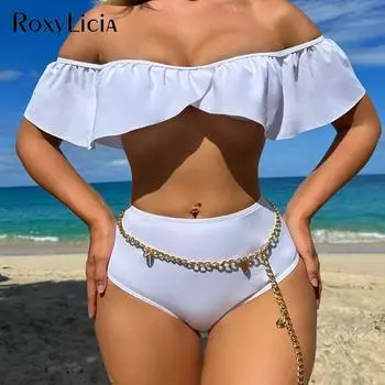 Сексуальный женский купальник с открытыми плечами и рюшами, бикини с высокой талией, женский купальник из двух частей, комплект бикини, купальный костюм для плавания S чёрный