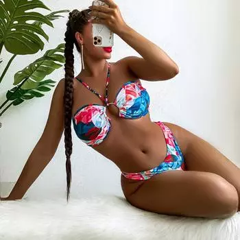 Сексуальный женский купальник с принтом и рюшами на шее, бикини с высокой талией, комплект пляжной одежды, купальные костюмы S синий