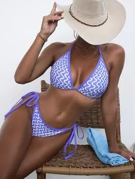 Сексуальный женский купальник с принтом, бикини с завязками по бокам, пляжная одежда, купальные костюмы S