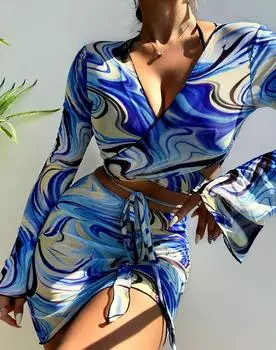 Сексуальный женский купальник с сетчатой завязкой на спине, комплект бикини из четырех частей, бразильский купальник, пляжная одежда S синий