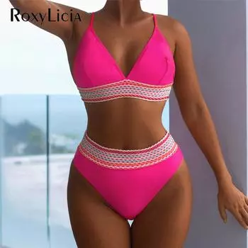 Сексуальный женский купальник с высокой талией, женский купальник из двух частей, комплект бикини с мягкой подкладкой, купальный костюм, купальный костюм для леди S горячий розовый