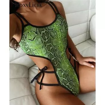 Сексуальный женский купальник со змеиной кожей и вырезами на бретелях, цельный купальник, женский мягкий купальный костюм, купальный костюм для женщин S зелёный