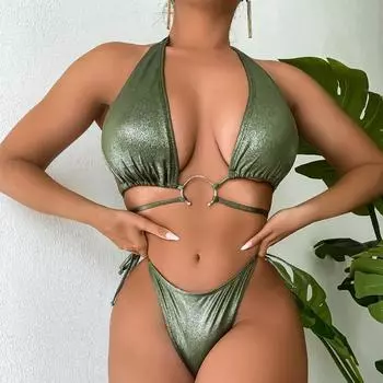 Сексуальный женский купальник, сплошной цвет, глубокий V-образный вырез, бикини с завязками по бокам, комплект бикини с высокой талией, пляжная одежда, купальные костюмы S армия зеленый