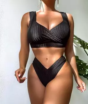 Сексуальный женский купальник, сплошной цвет, полоска с отверстиями, широкие бретели, стринги с высокой талией, комплект бикини, пляжная одежда, купальные костюмы S чёрный